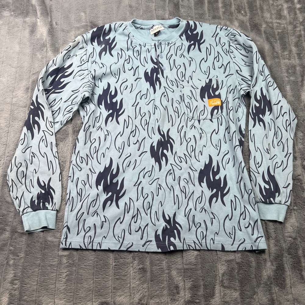 Titicaca Mens Blue Flame Print Henley Long Sleeve Shirt FR NFPA 2112 Large